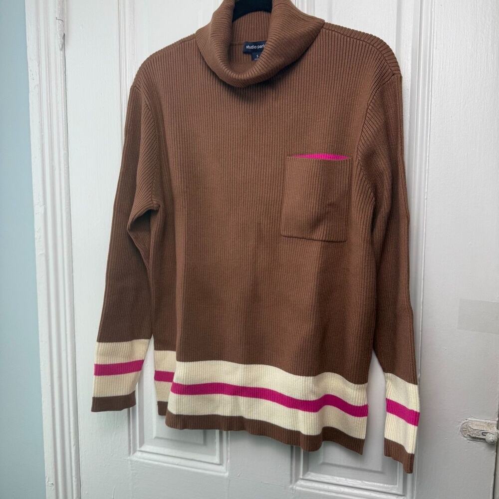 Studio Park Womens Sweater Turltleneck Colorblock Knit Brown Pink Small NWOT